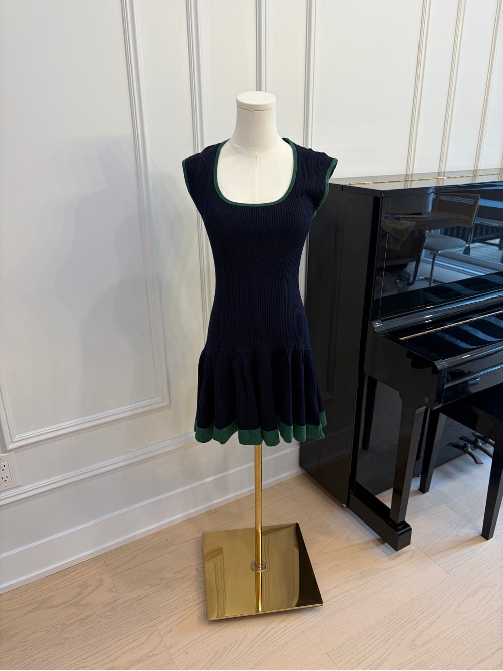 Maje Navy Mini Knit Dress with Green Trim